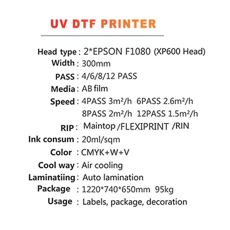 Stampa DTF UV larghezza 300 mm con consumo di inchiostro di 20 ml/mq per stampa ad alto volume